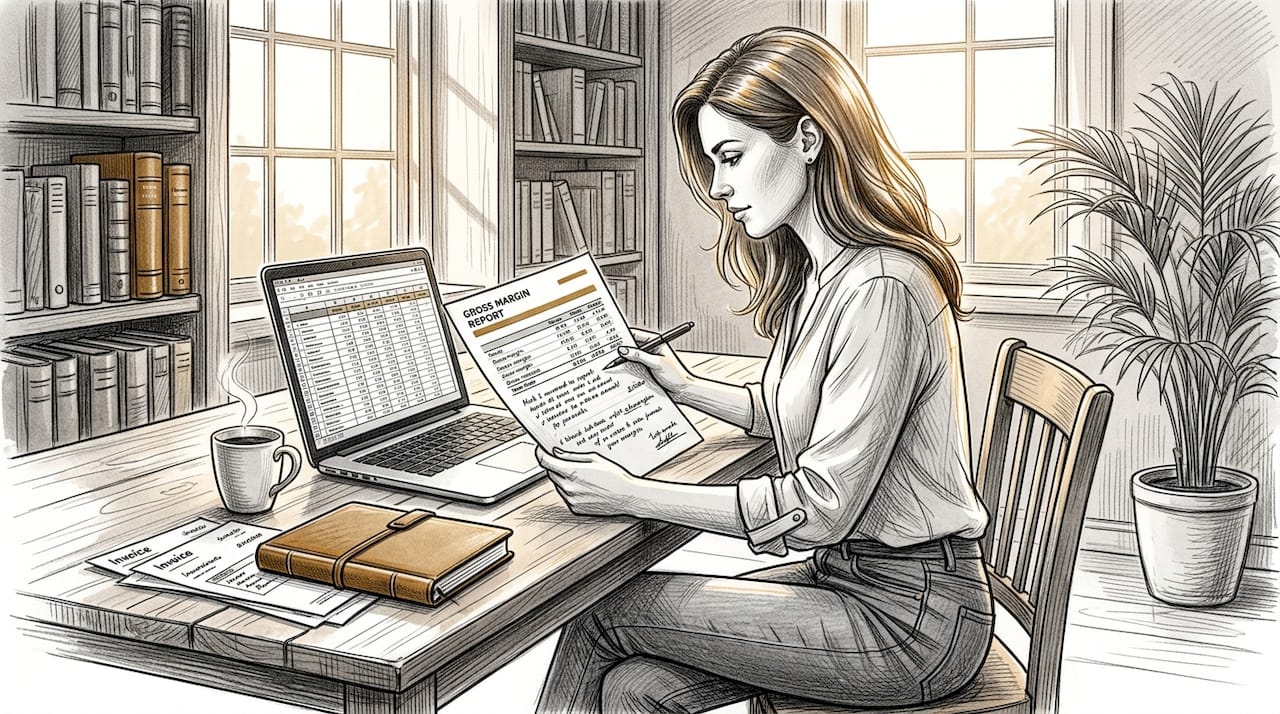 Founder examining gross margin report at desk
