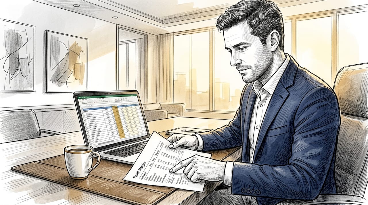 Founder reviewing profit report at desk