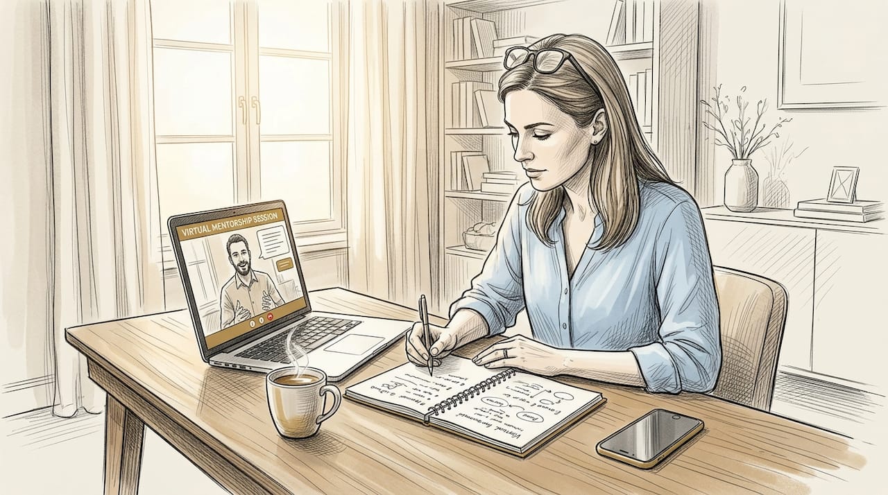 Founder engaged in mentorship meeting at desk