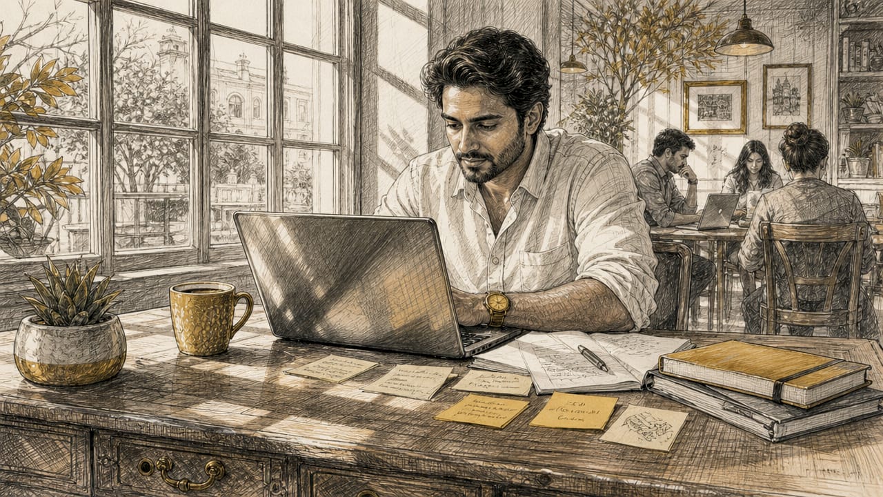 Entrepreneur at desk reviewing data