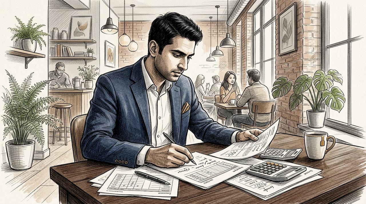 Founder analyzing financial documents at desk