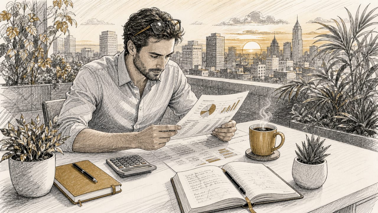 Founder reviewing financial documents at desk