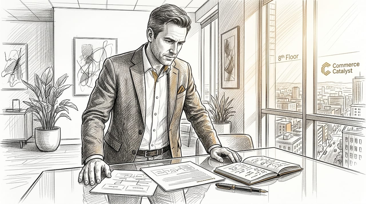 Founder reviewing decision documents at desk