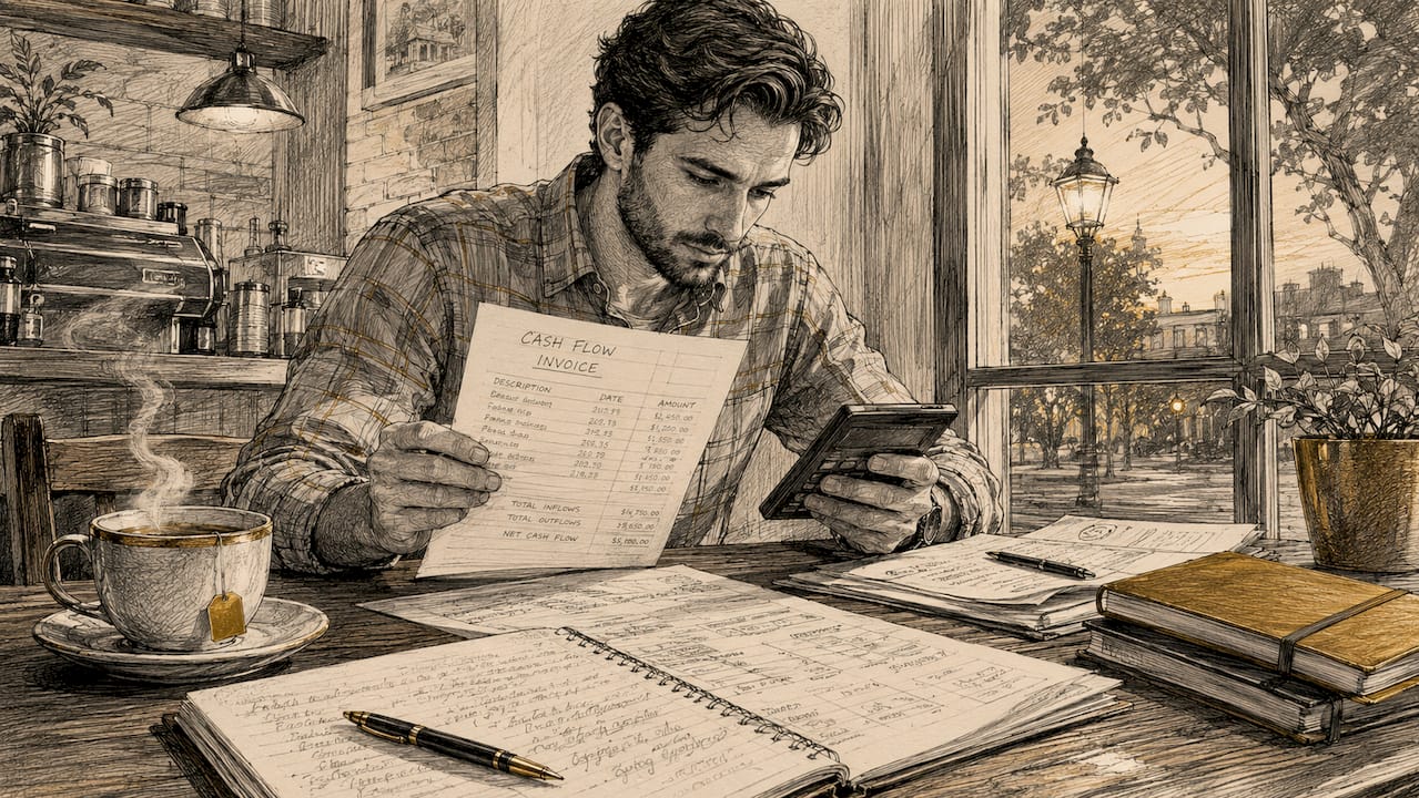 Founder reviewing invoices and calculating cash flow