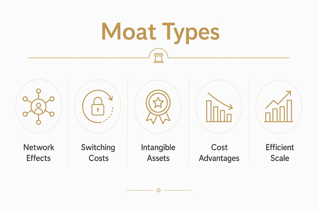 Infographic illustrating five primary business moat types