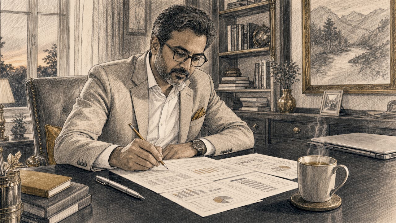 Investor reviewing financial reports in office