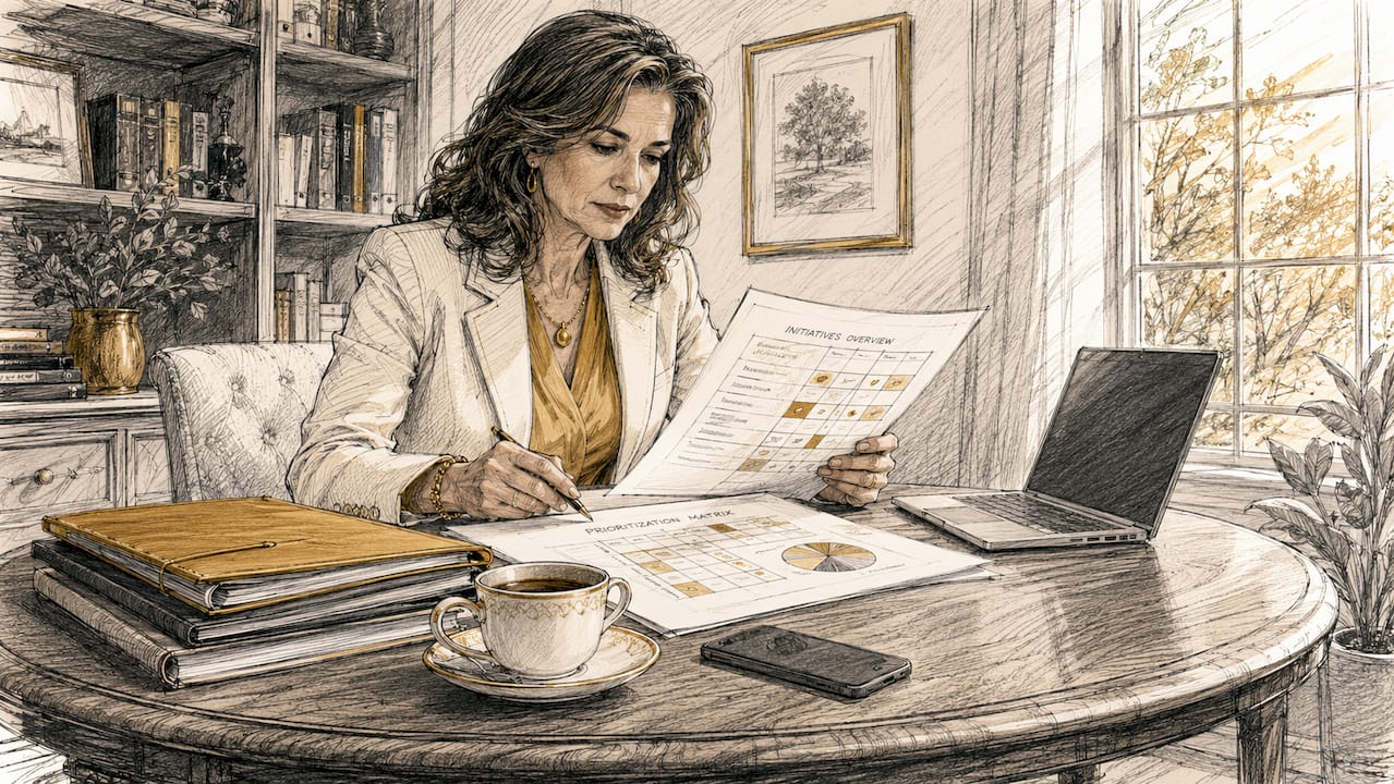 Businesswoman reviewing prioritization charts in office