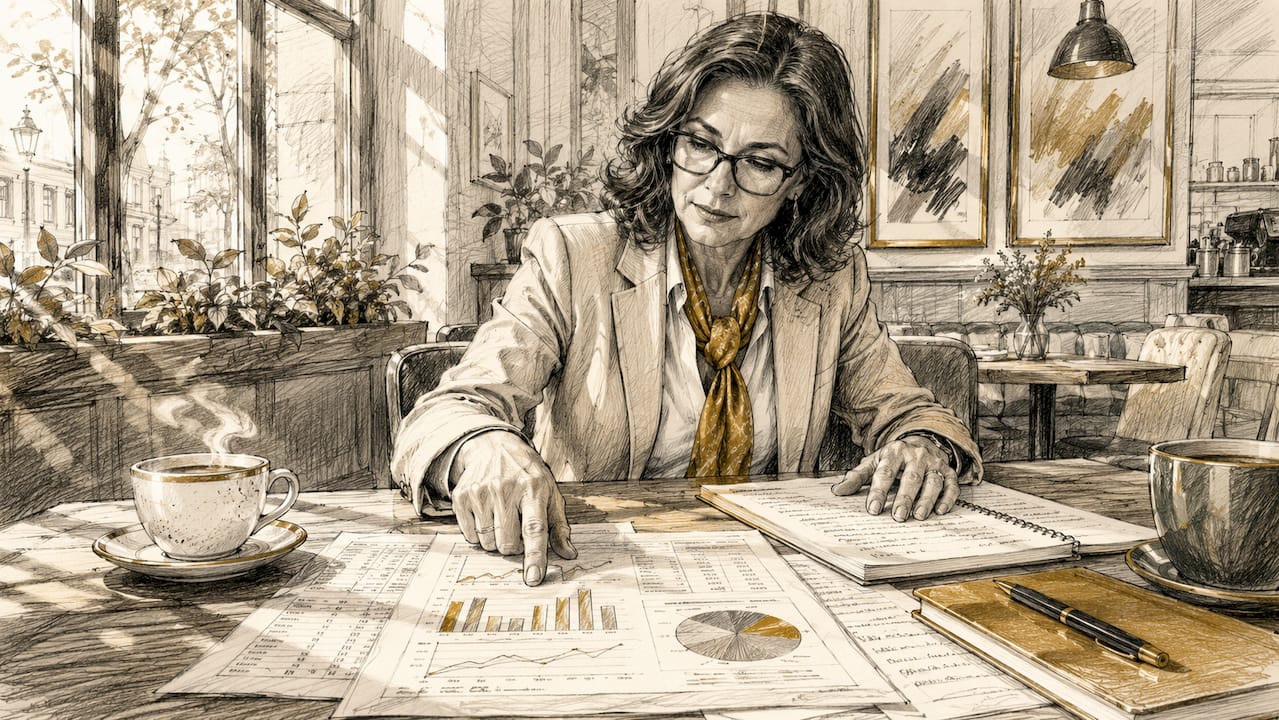 Woman analyzing financial reports in office