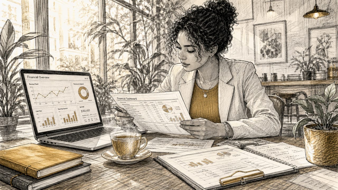 Founder reviewing financial dashboard paperwork