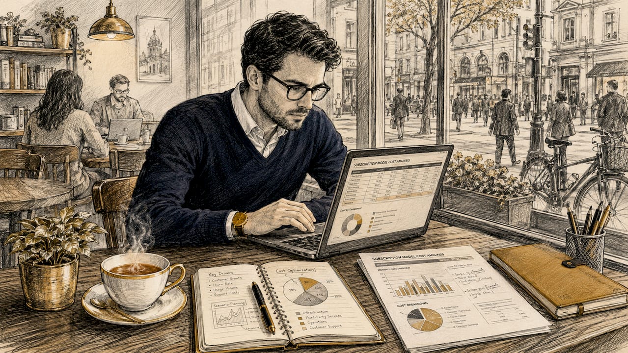Business analyst reviewing subscription costs at desk