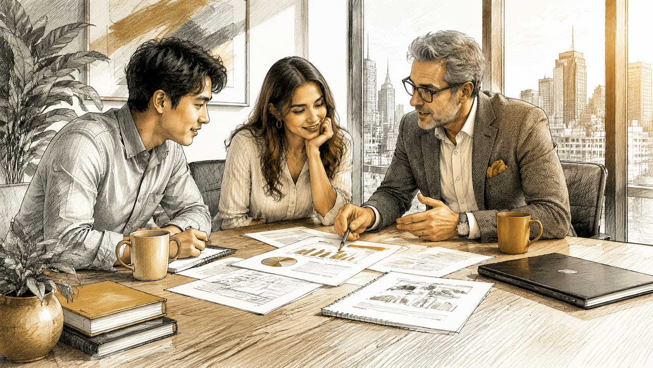 Advisor guiding founders in office meeting