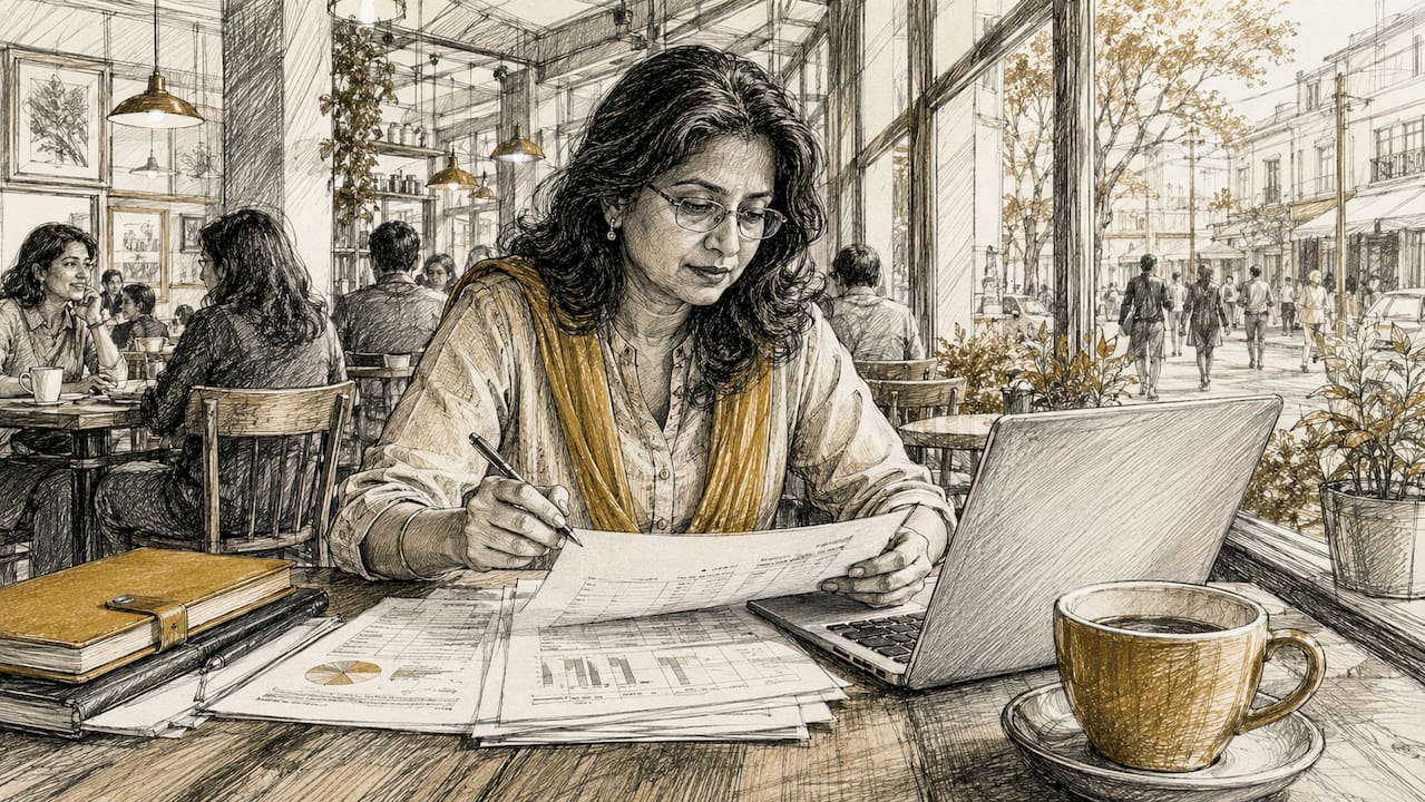 Woman reviewing financial reports at desk