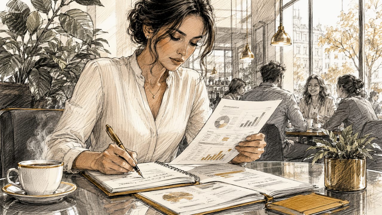 Manager analyzing financial reports at desk