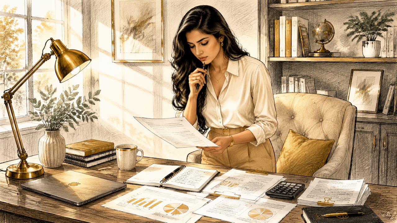 Founder reviewing financial documents at desk