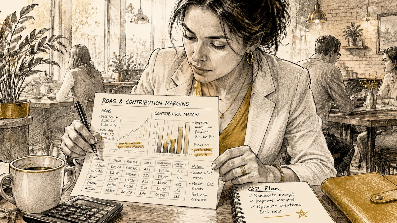 Marketing analyst reviewing ROAS financial report