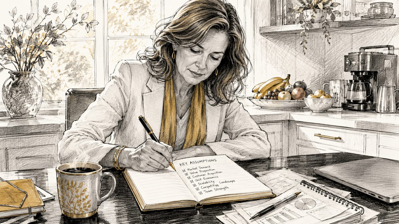 Strategist writing business assumptions in office