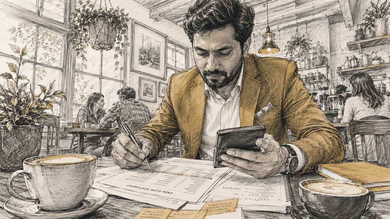 Founder reviewing cash flow documents at desk in home office