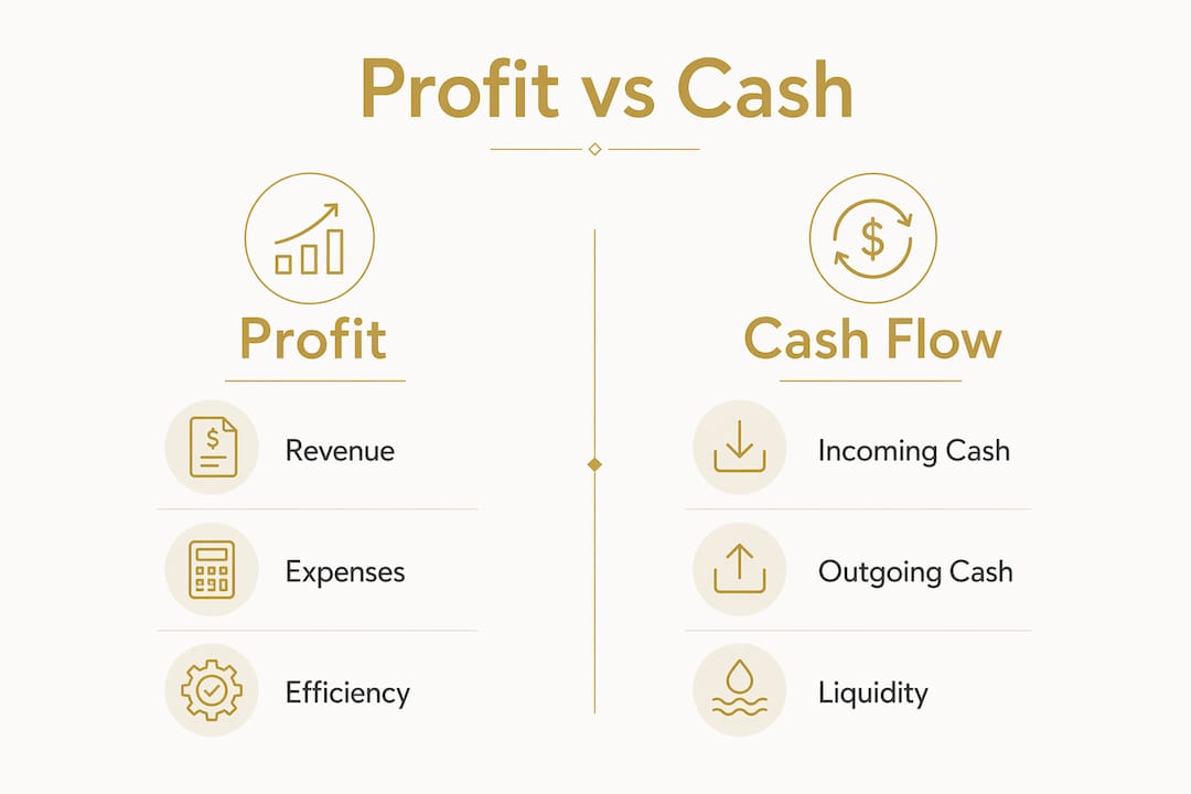 Infographic comparing profit and cash flow key concepts