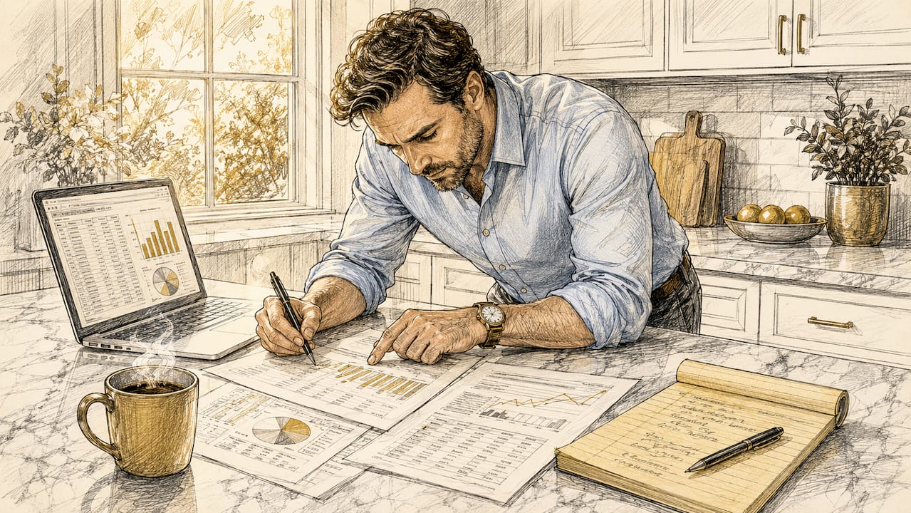 Financial analyst working with spreadsheets at desk
