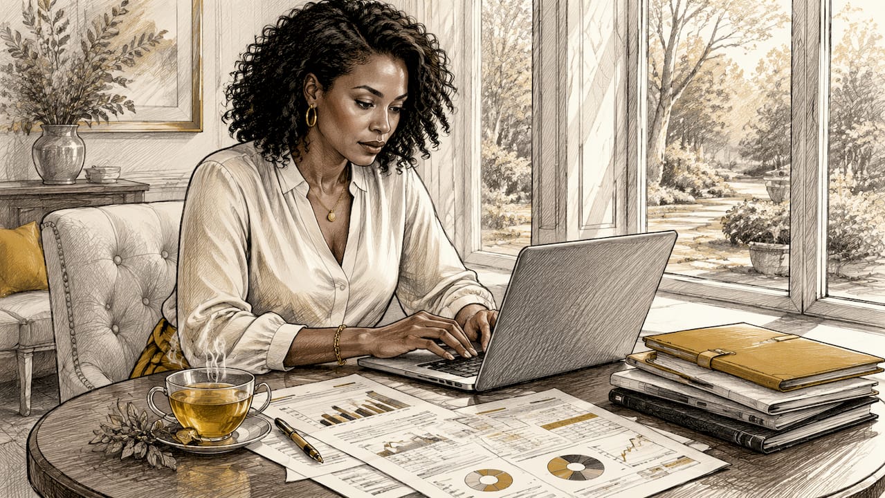 Businesswoman reviewing operational data sheets