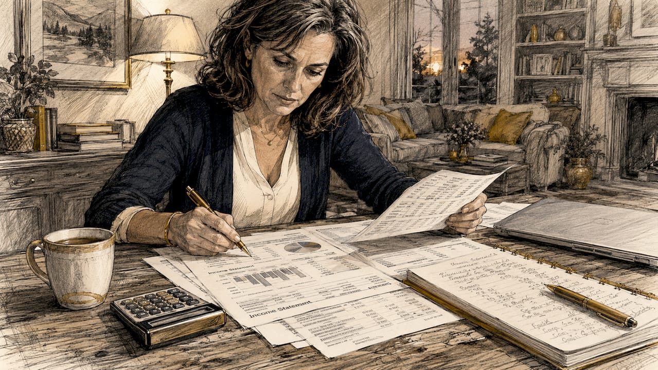 Financial analyst reviewing printed statements at desk