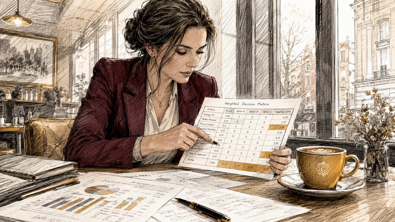Business analyst reviewing decision matrix in office
