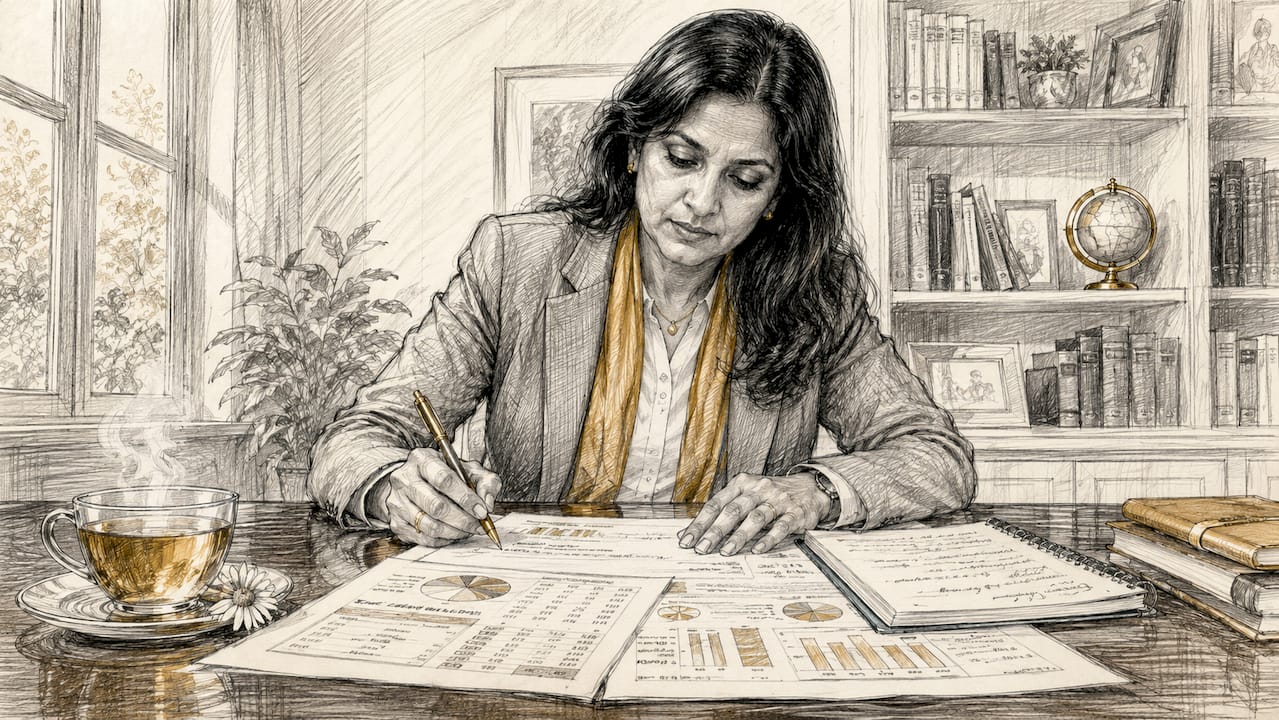 Investor reviewing printed financial reports thoughtfully
