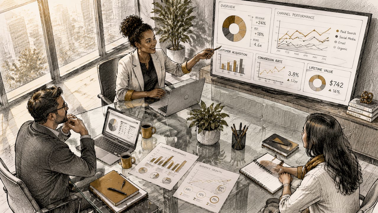 Marketing team discussing metrics around table
