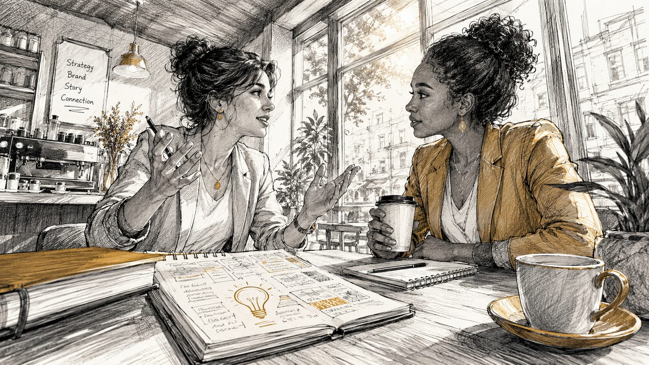 Two strategists discussing marketing plan in meeting