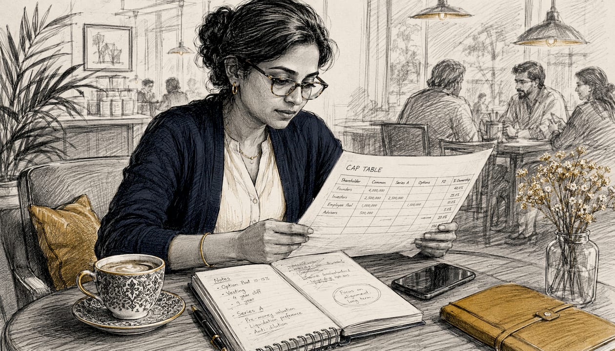 Founder reviewing cap table documents at desk