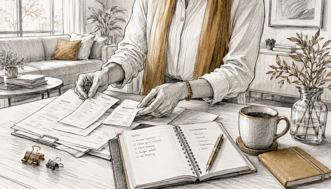 Hands sorting business expense documents