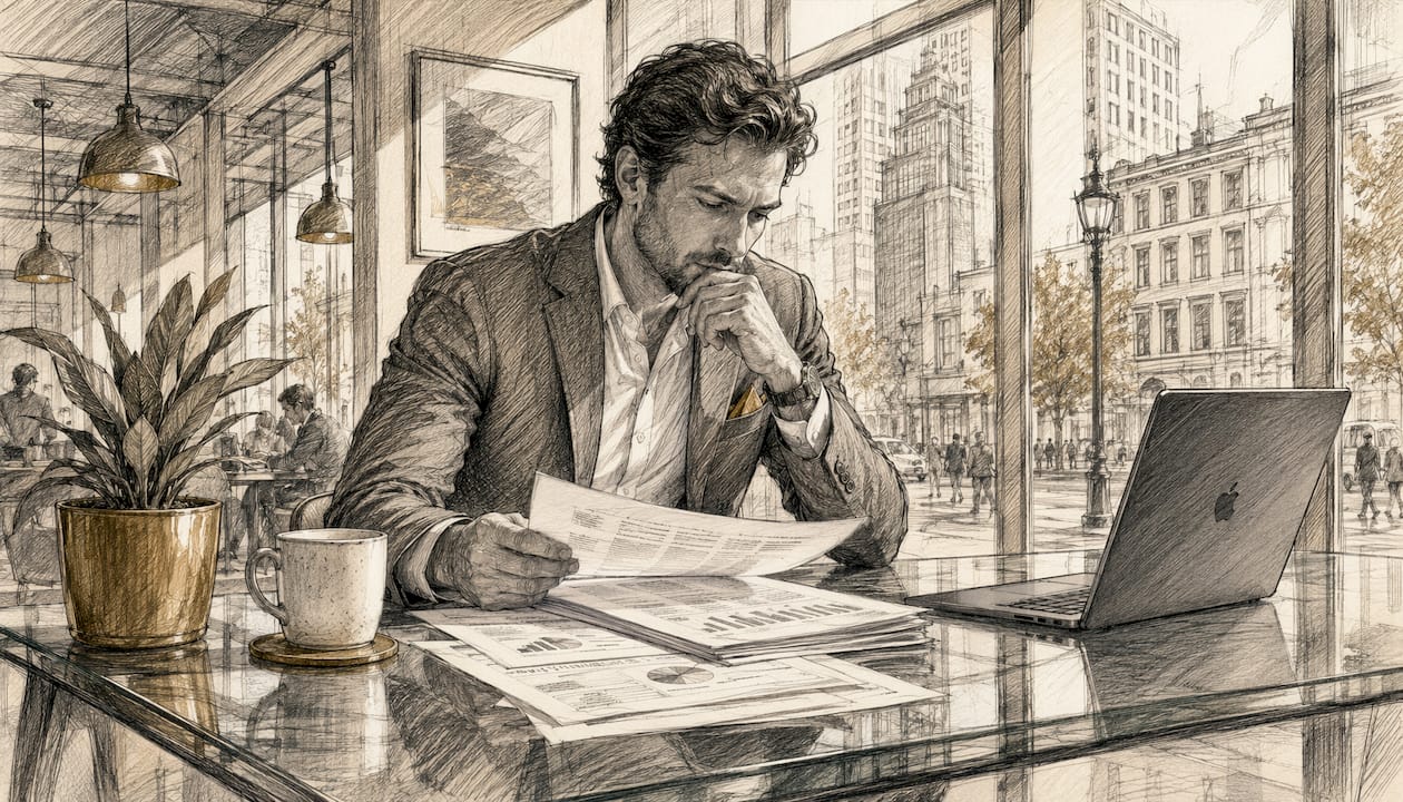 Founder reviewing documents thoughtfully in home office