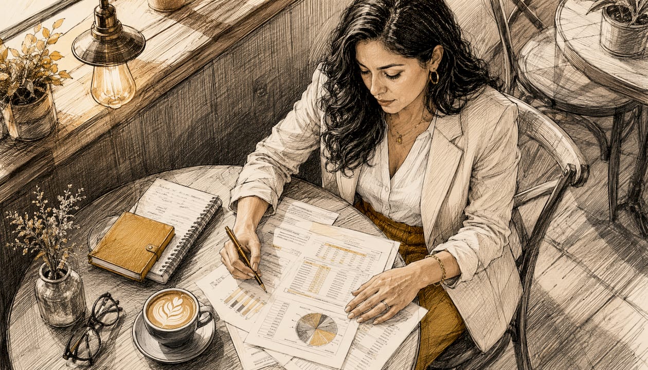 Founder reviewing financial documents at desk