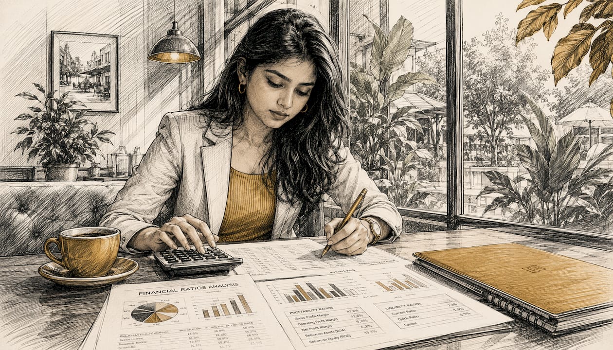 Founder reviewing printed financial ratios at desk