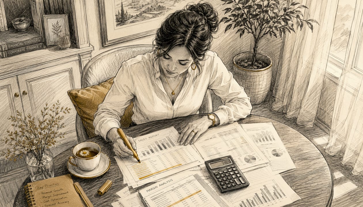 Financial analyst reviewing sales reports at desk