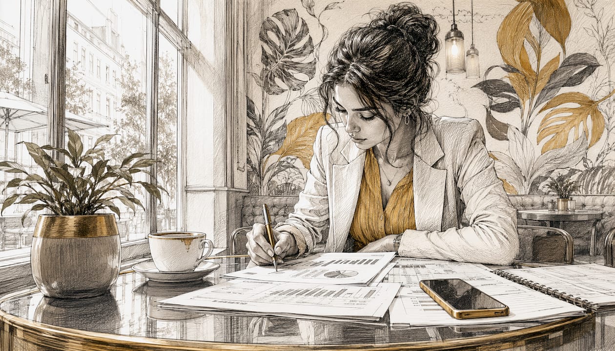 Woman analyzing sales reports at desk