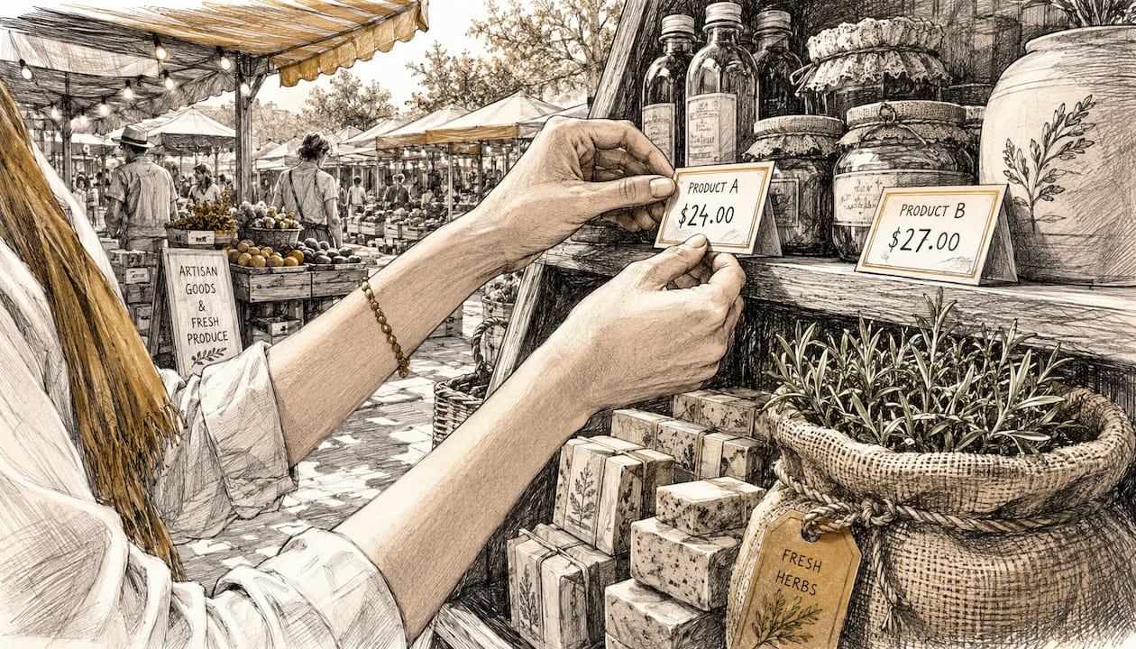 Hands changing product price tags in store