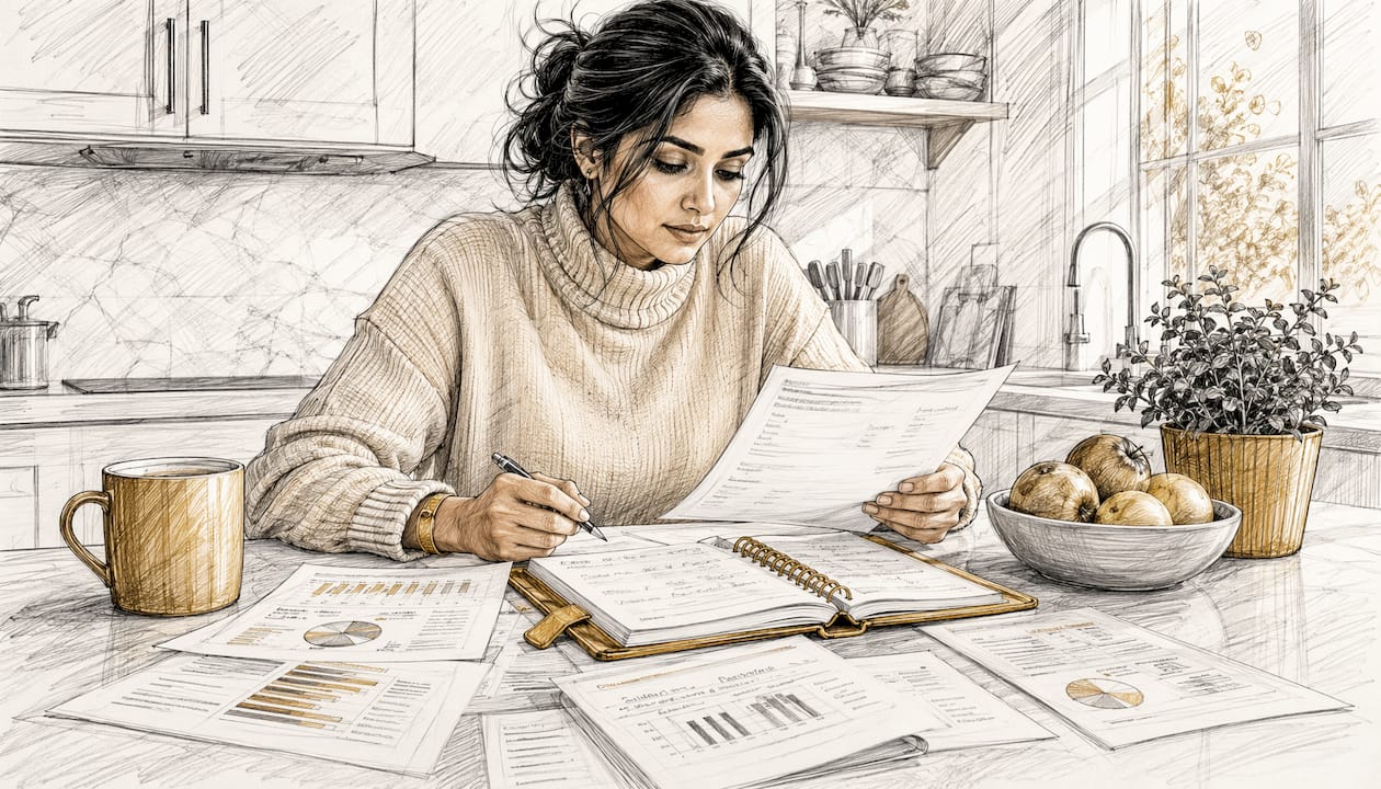 Woman reviewing DTC financial reports at desk