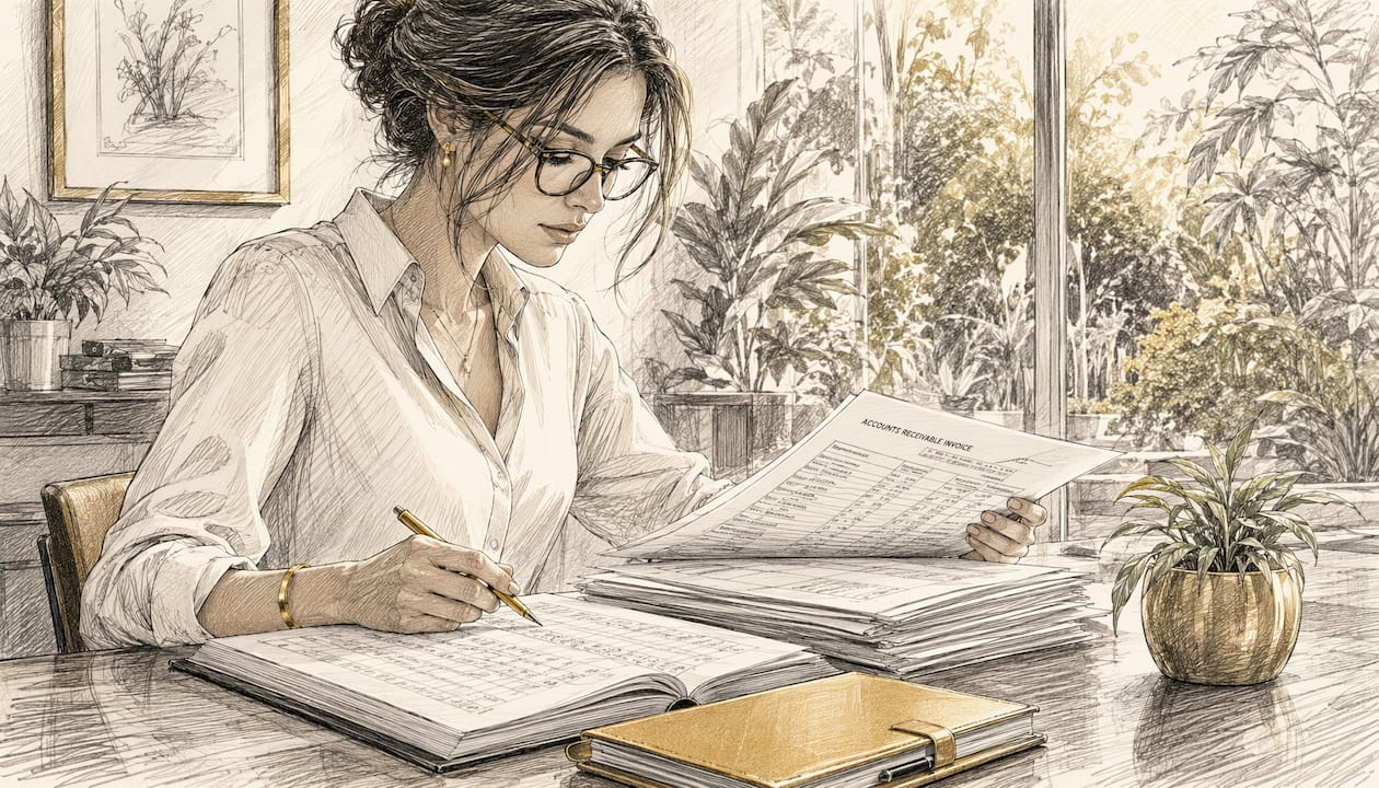 Accountant reviewing receivables papers