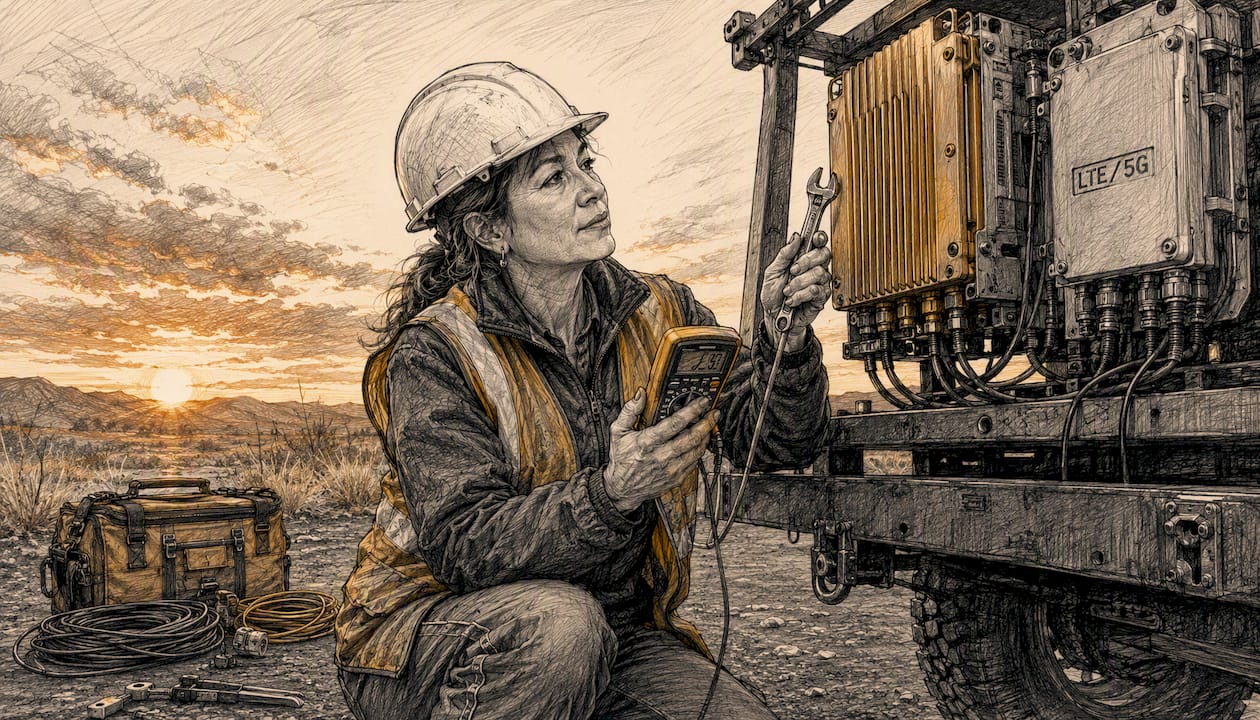 Engineer inspecting rugged LTE 5G hardware outdoors