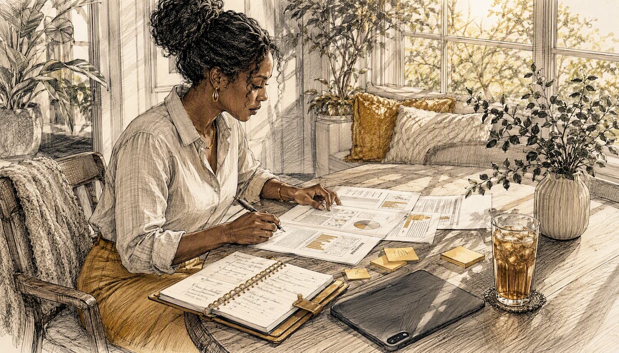 Entrepreneur reviewing advisory documents in home office