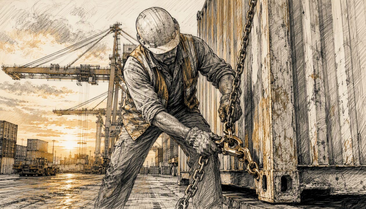 Dockworker attaching chains to shipping container