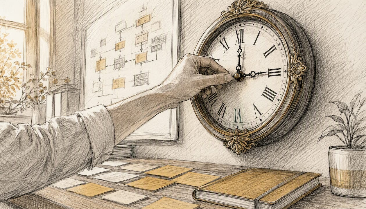Hand adjusting wall clock surrounded by timeline notes