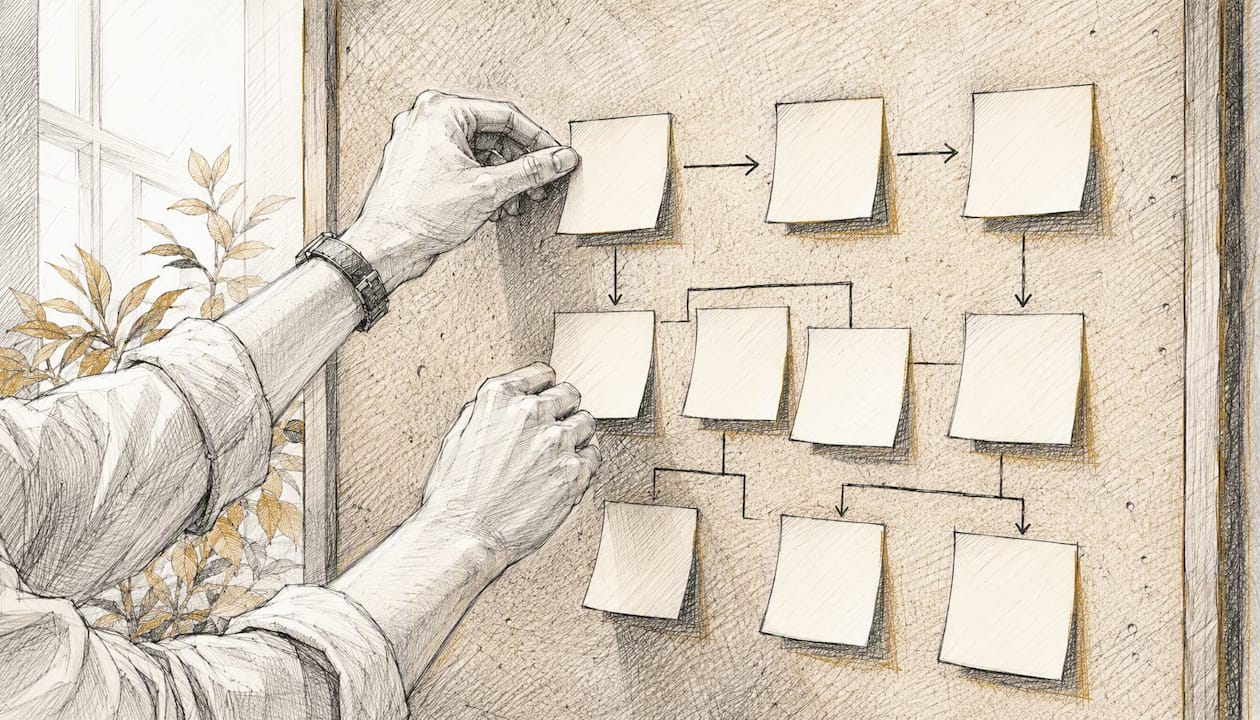 Hands mapping business processes on sticky notes