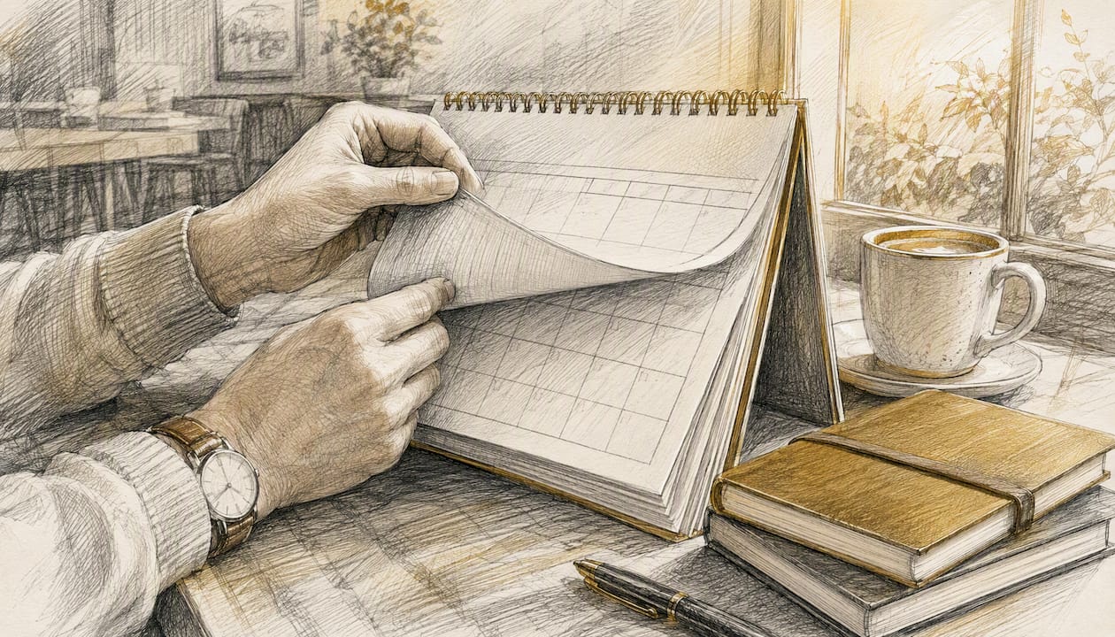 Hands flipping a financial calendar page