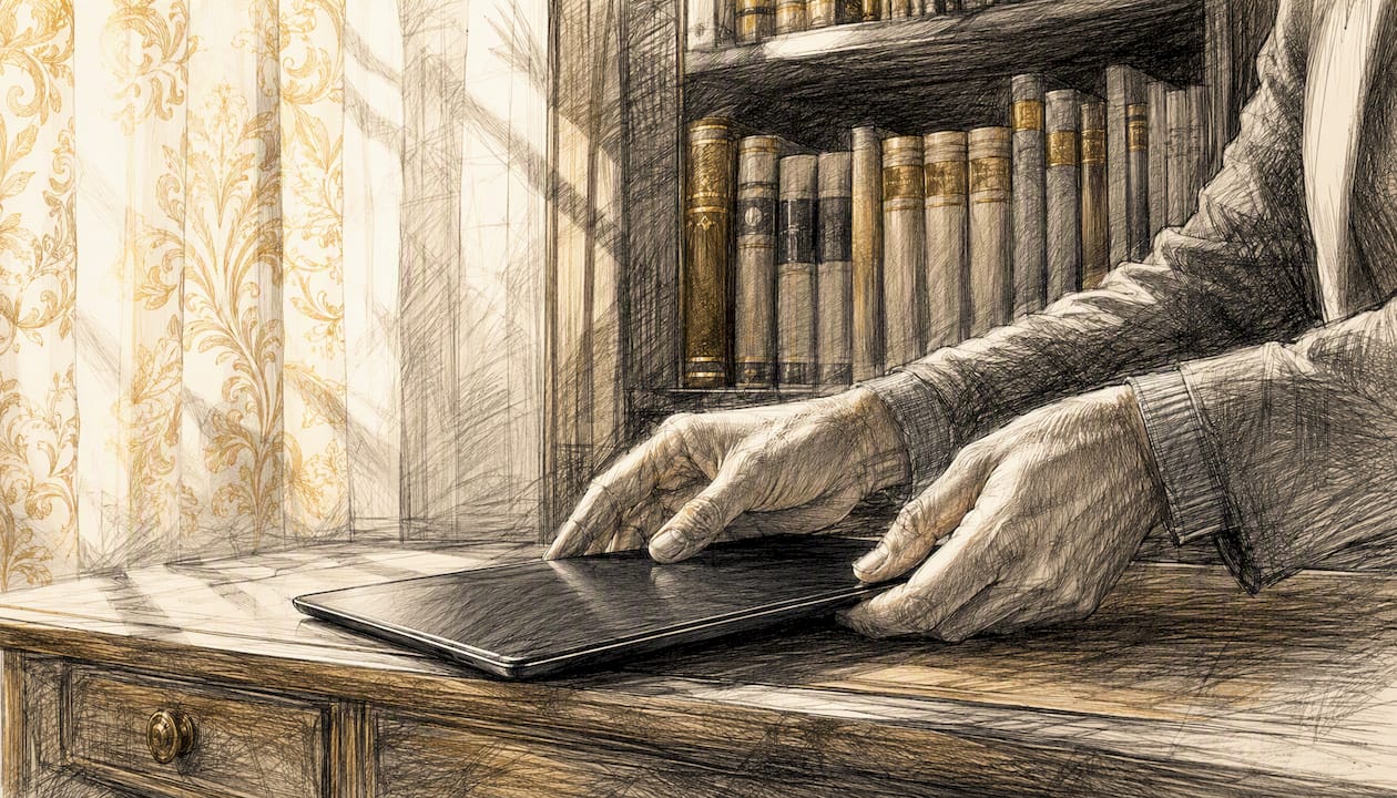 Hands poised over laptop in reflective moment