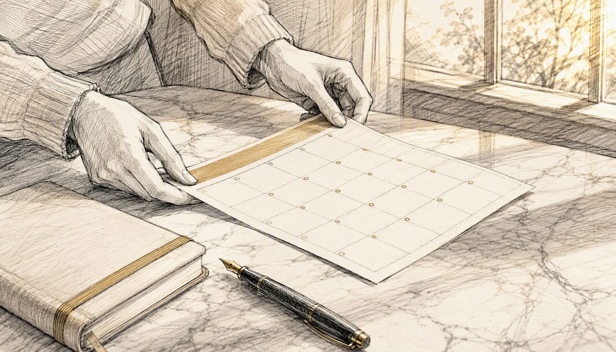 Hand placing calendar sheet on table