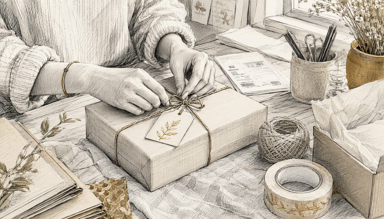 Hands packaging ecommerce orders