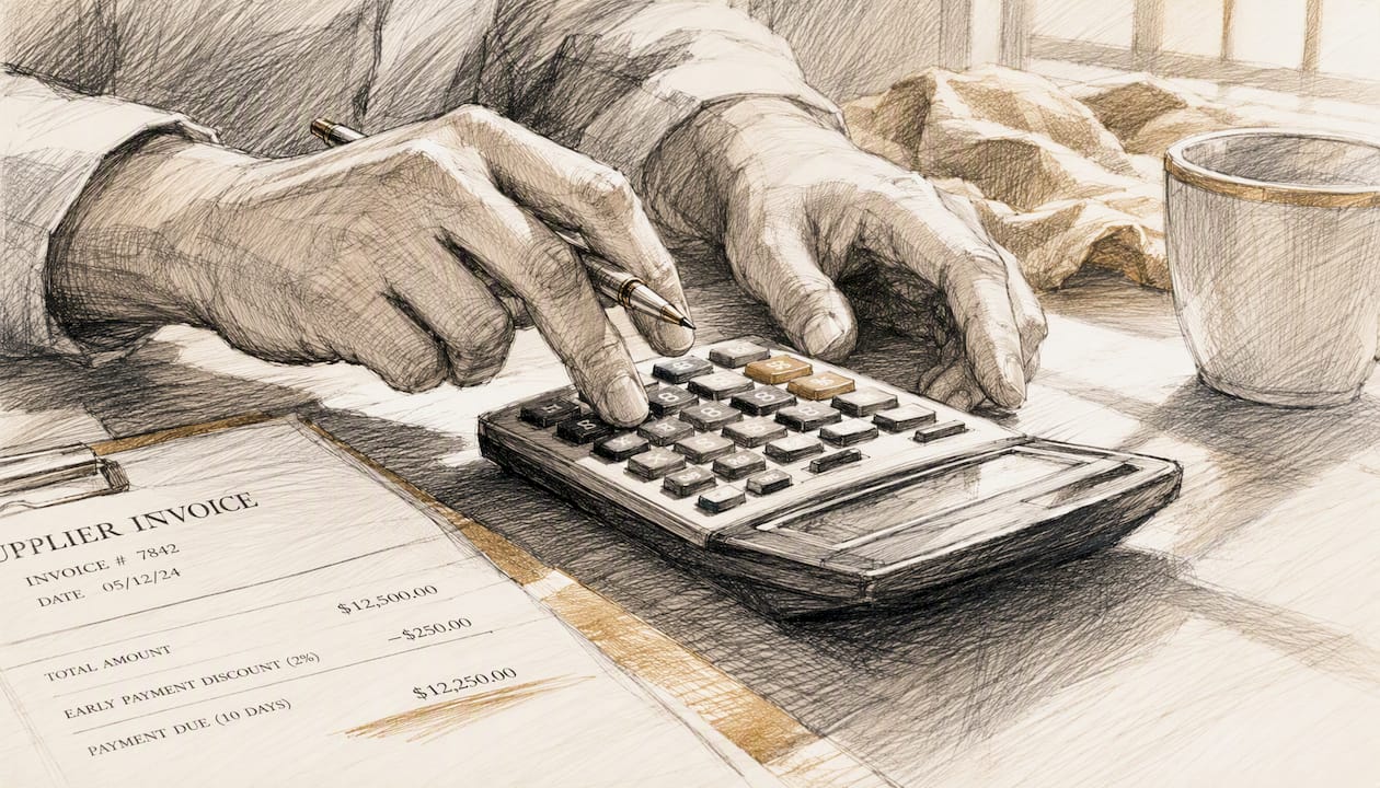 Hands calculating early-payment discount on calculator