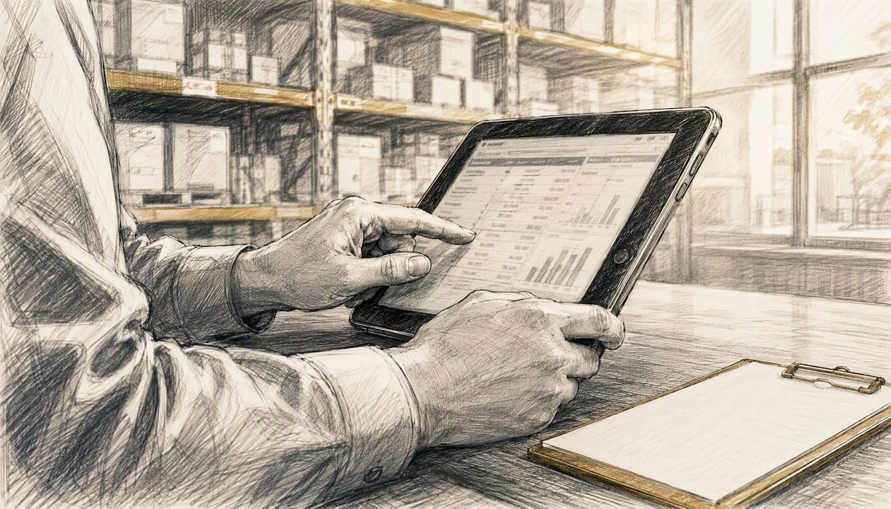 Hands working on inventory data analysis